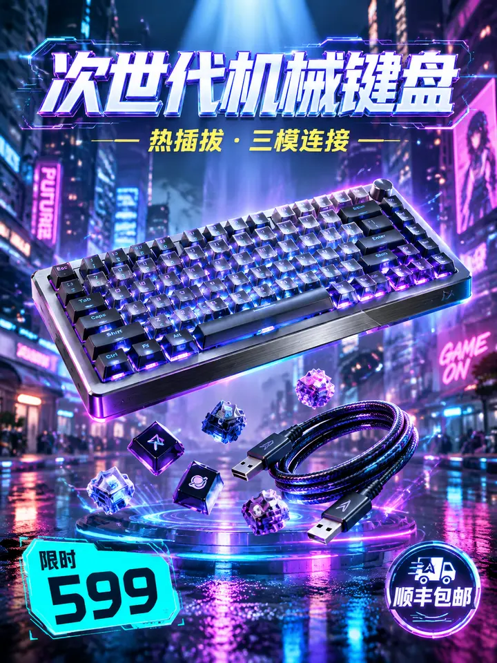 赛博朋克机械键盘电商海报生图提示词