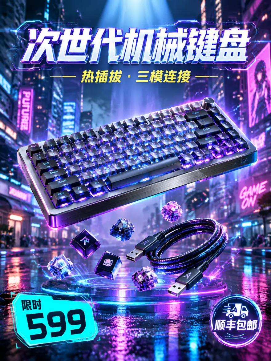 赛博朋克机械键盘电商海报生图提示词