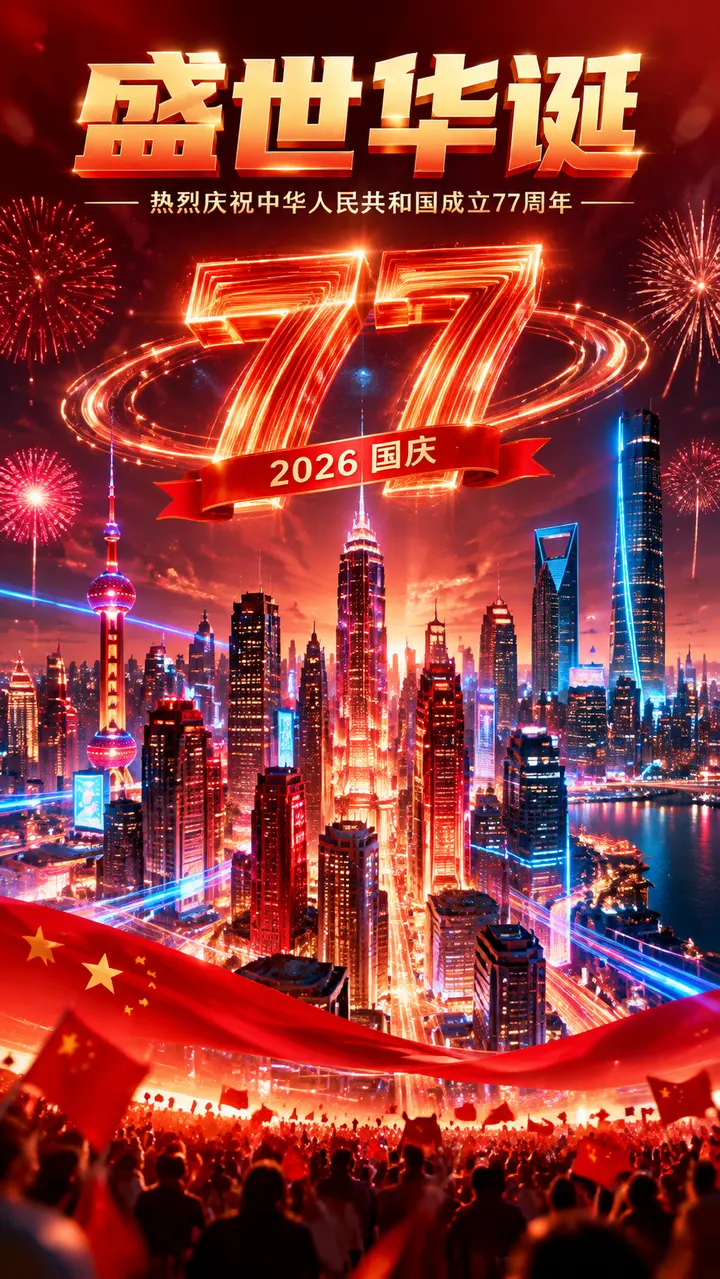 国庆77周年赛博红城霓虹海报生图提示词