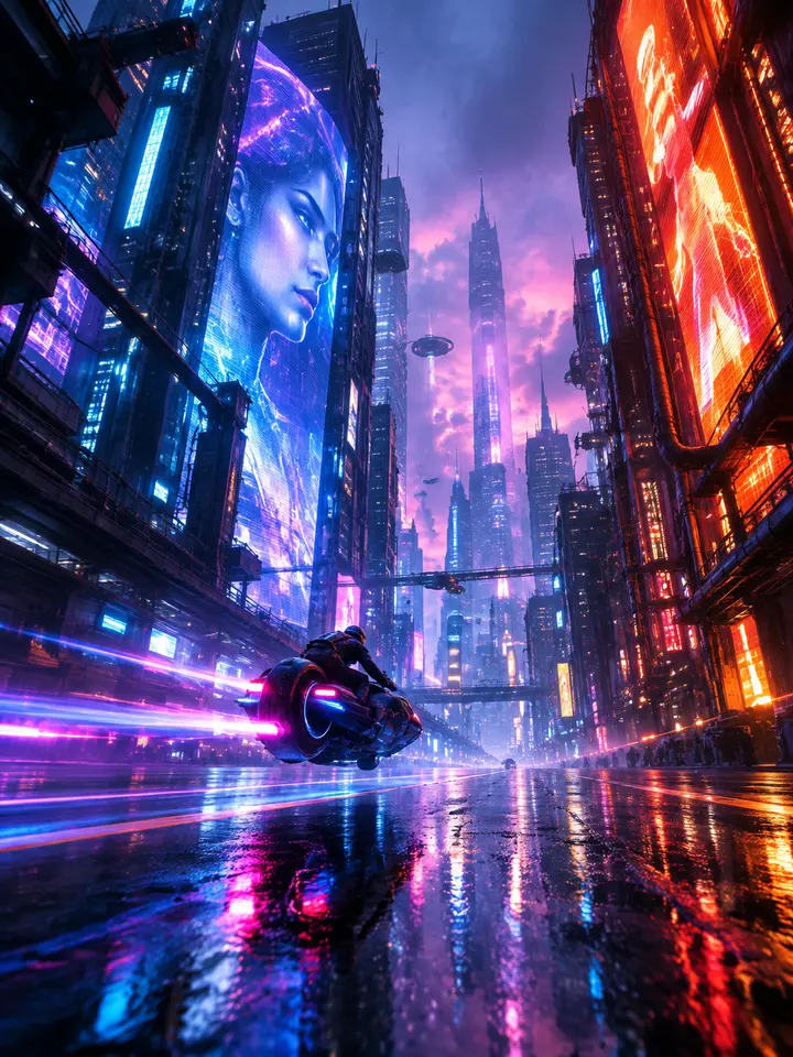 赛博朋克霓虹未来都市街景创意生图提示词
