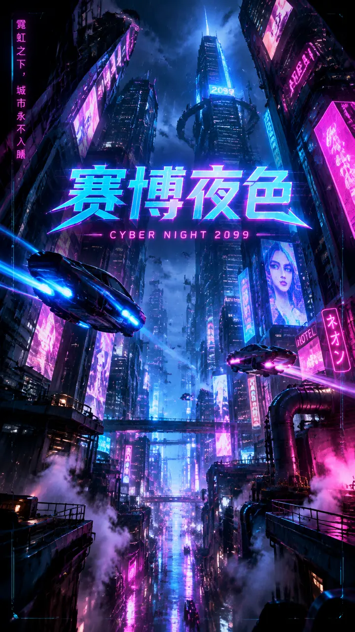 绘画提示词：赛博朋克霓虹都市雨夜未来发布会海报