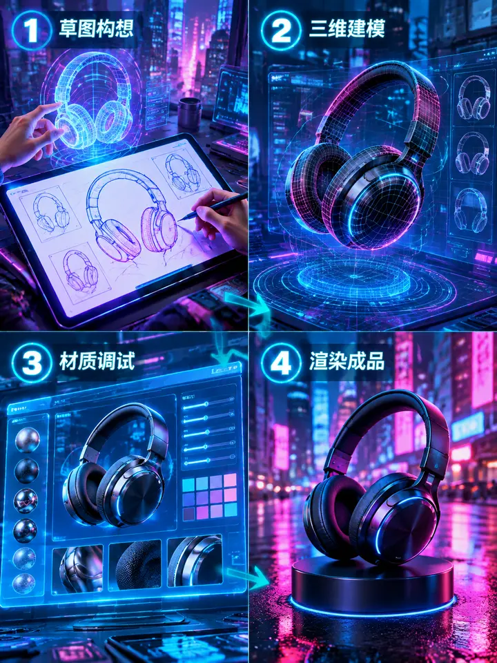 赛博朋克设计制作步骤图生图提示词霓虹四格教程