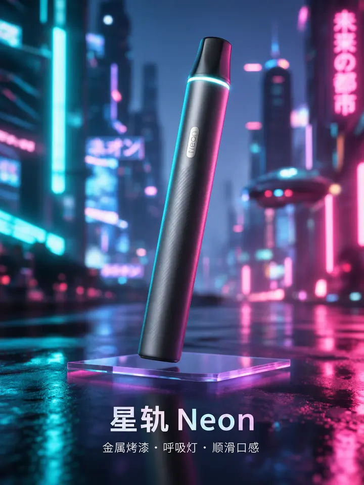 赛博朋克霓虹电子烟金属杆特写电商主图（AI 图片生成提示词）