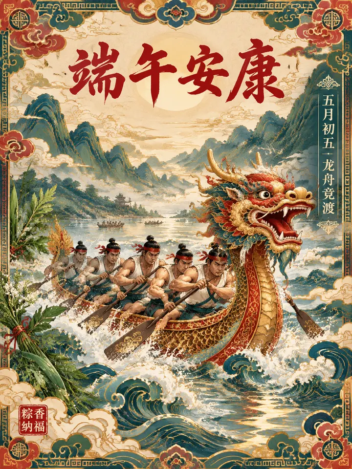国潮端午龙舟竞渡金鳞破浪海报（生图提示词）