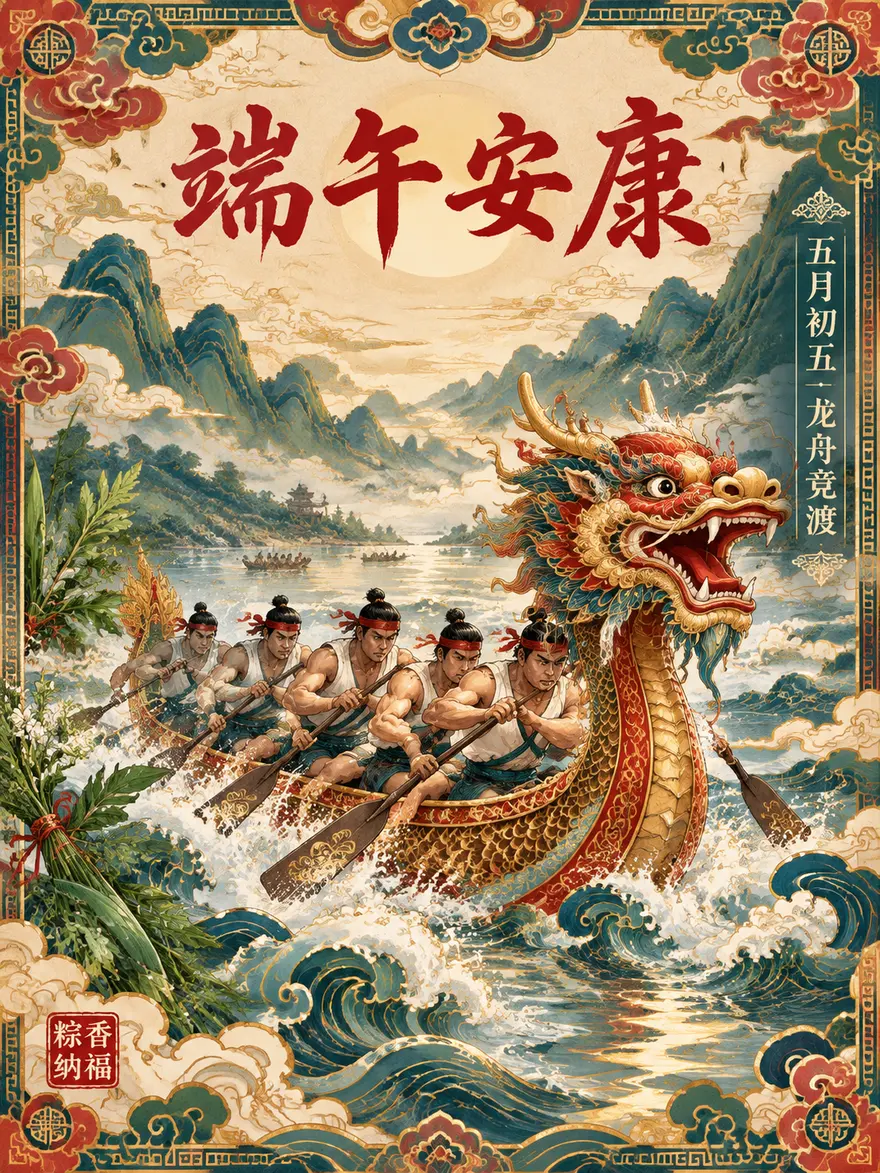 国潮端午龙舟竞渡金鳞破浪海报（生图提示词）