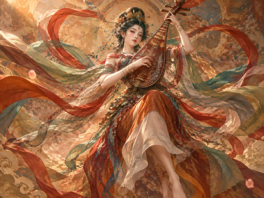 国漫敦煌飞天女神反弹琵琶（生图提示词）