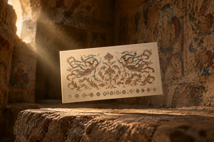 敦煌汉风莫高窟壁画纹样烫金名片设计（生图提示词）