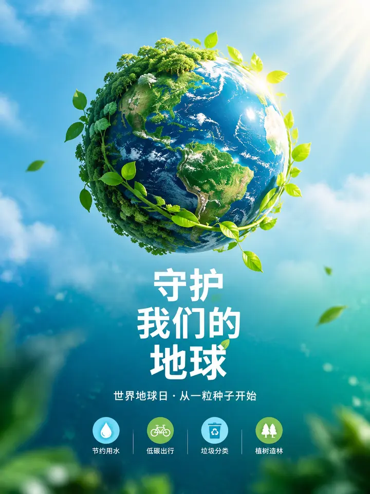 世界地球日绿意守护主题公益海报图片生成提示词