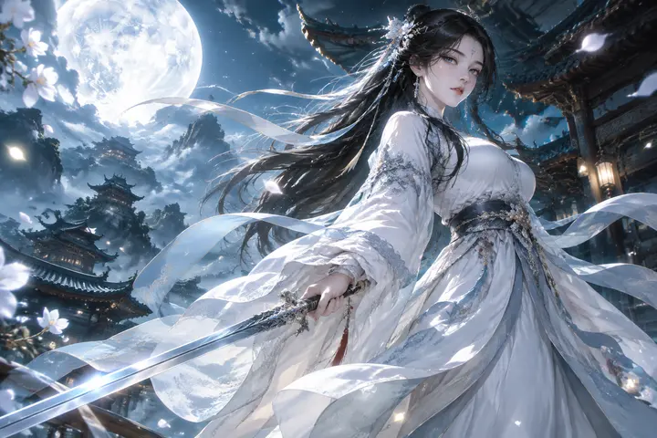 国漫月下执剑白衣女神（AI 图片生成提示词）
