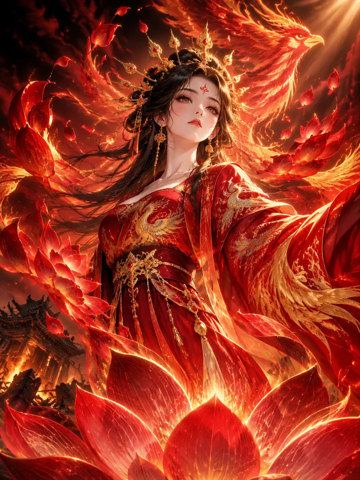 国漫红莲业火中涅槃的凤凰神女AI 绘画关键词