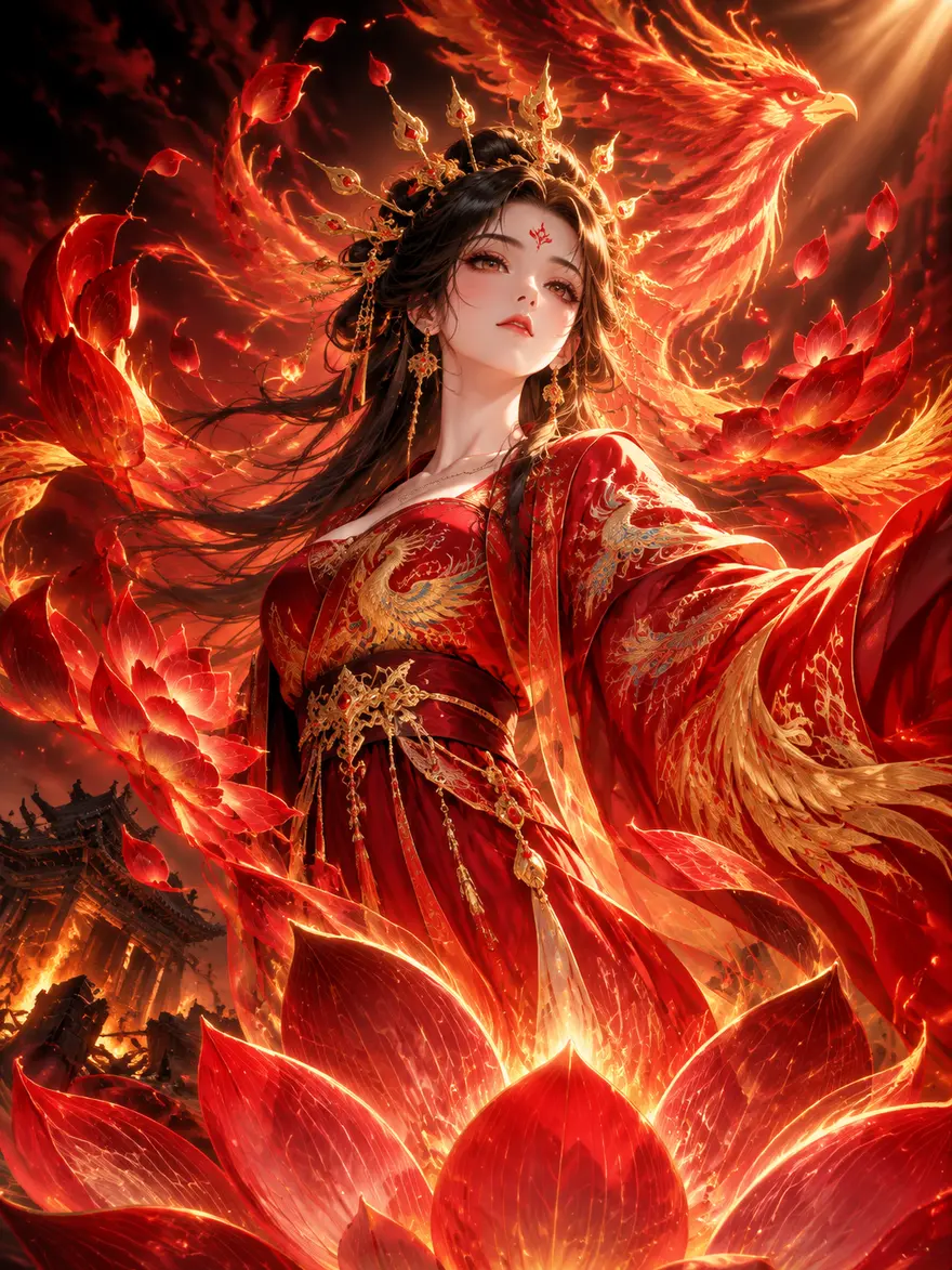 国漫红莲业火中涅槃的凤凰神女AI 绘画关键词