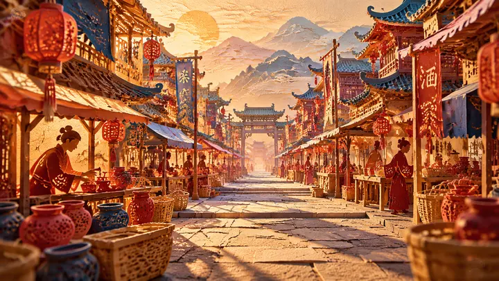 汉风剪纸层叠街道黄昏一点透视 AI 图片生成提示词