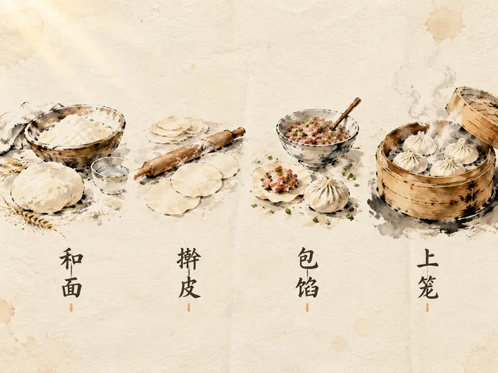 水墨写意美食制作步骤图AI提示词，宣纸留白笔触洒脱