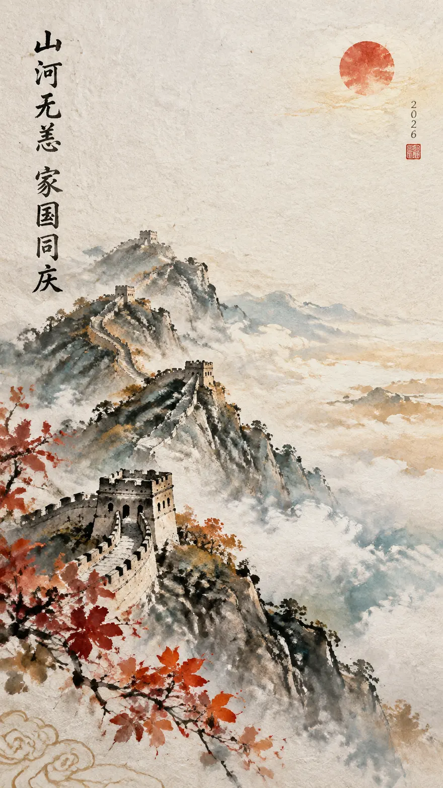 水墨写意国庆长城云海旭日海报 AI 绘图提示词
