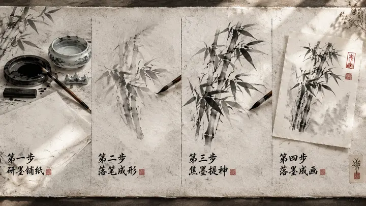 水墨写意制作步骤图AI绘图提示词宣纸质感