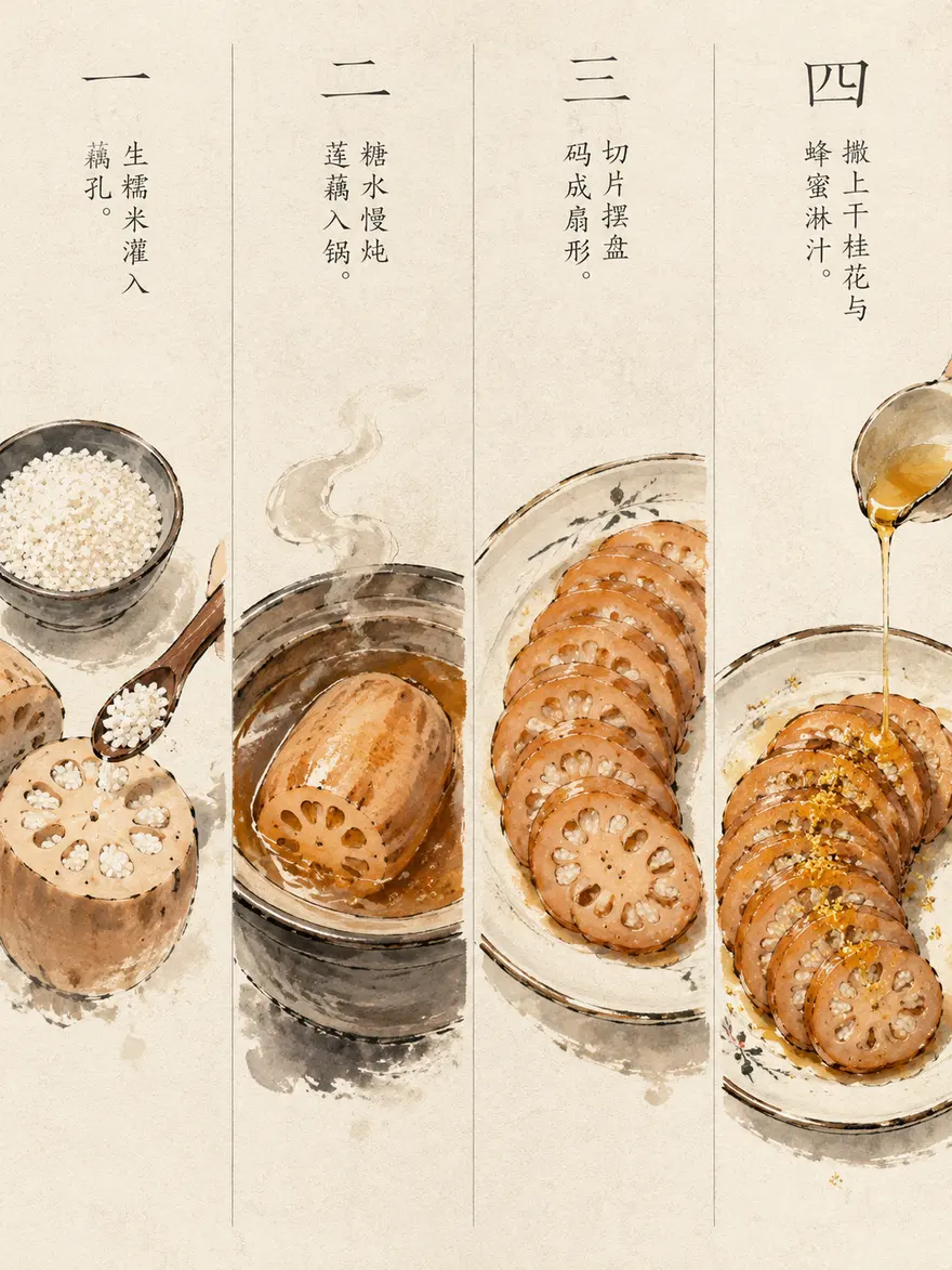 桂花糖藕切片装盘步骤图AI 提示词