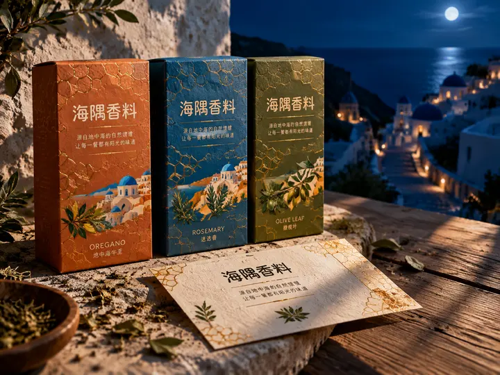 地中海小镇深夜香料包装设计AI提示词