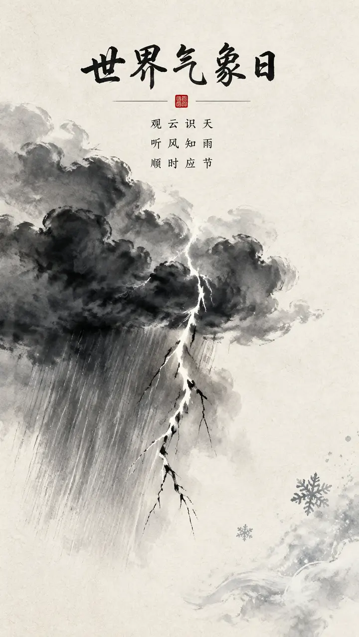 世界气象日云雨雷电水墨科普海报AI 绘画关键词