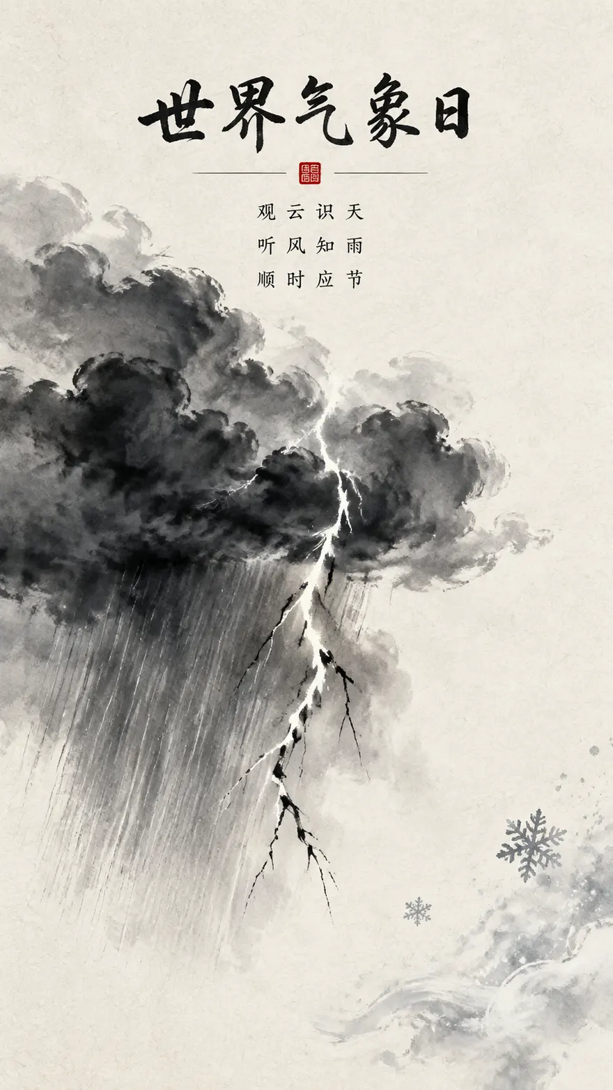 世界气象日云雨雷电水墨科普海报AI 绘画关键词
