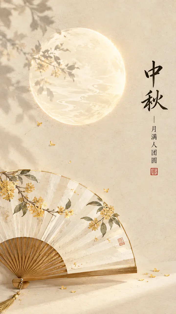 绘画提示词：中秋折扇金桂圆月中式极简海报