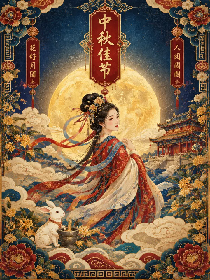 中秋节国潮插画海报AI提示词，双比例工笔重彩