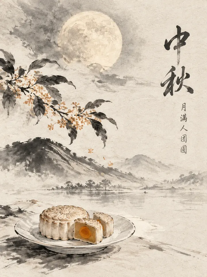 中秋水墨写意海报AI提示词，双比例宣纸留白