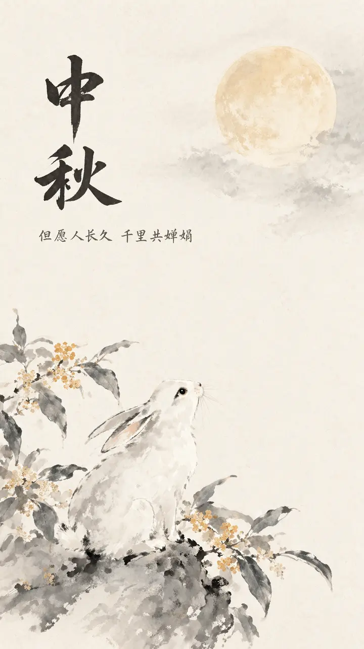中秋水墨玉兔望月桂花枝AI 绘画关键词