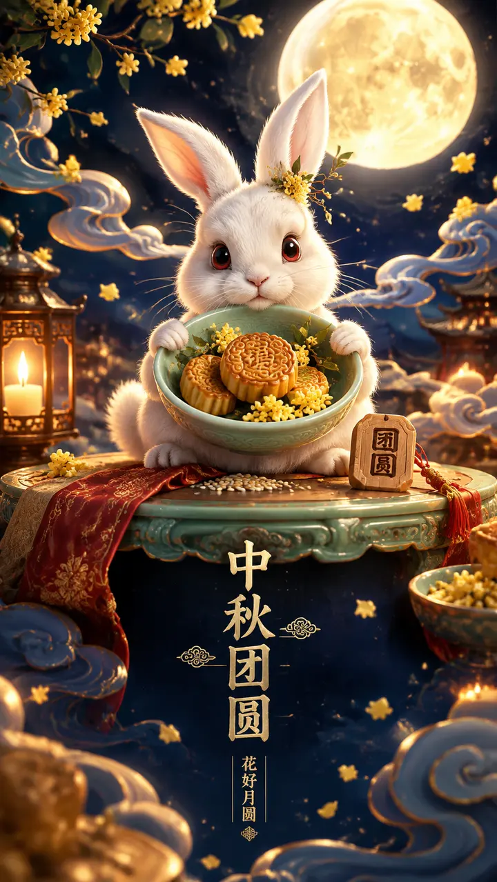 中秋桂影玉兔捧月AI图片生成提示词