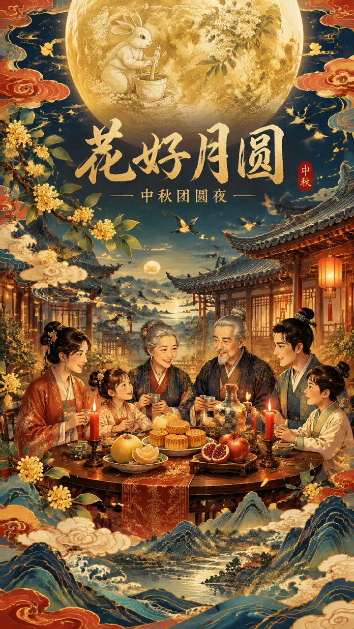 中秋拜月团圆国潮海报图片生成提示词