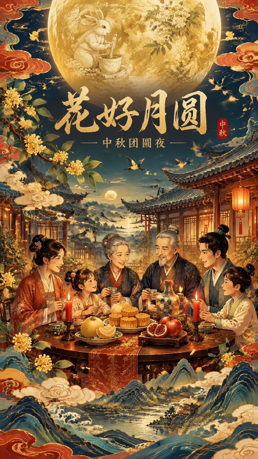 中秋拜月团圆国潮海报图片生成提示词