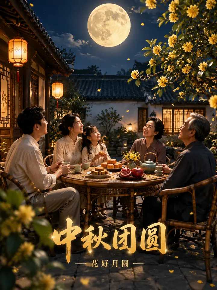 中秋桂花庭院赏月团圆海报 AI 绘画提示词