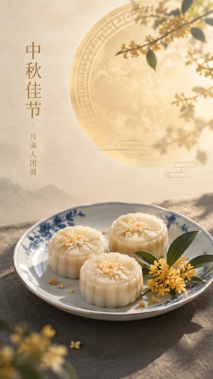 AI 绘图提示词：中秋瓷盘桂花糕与圆月剪影