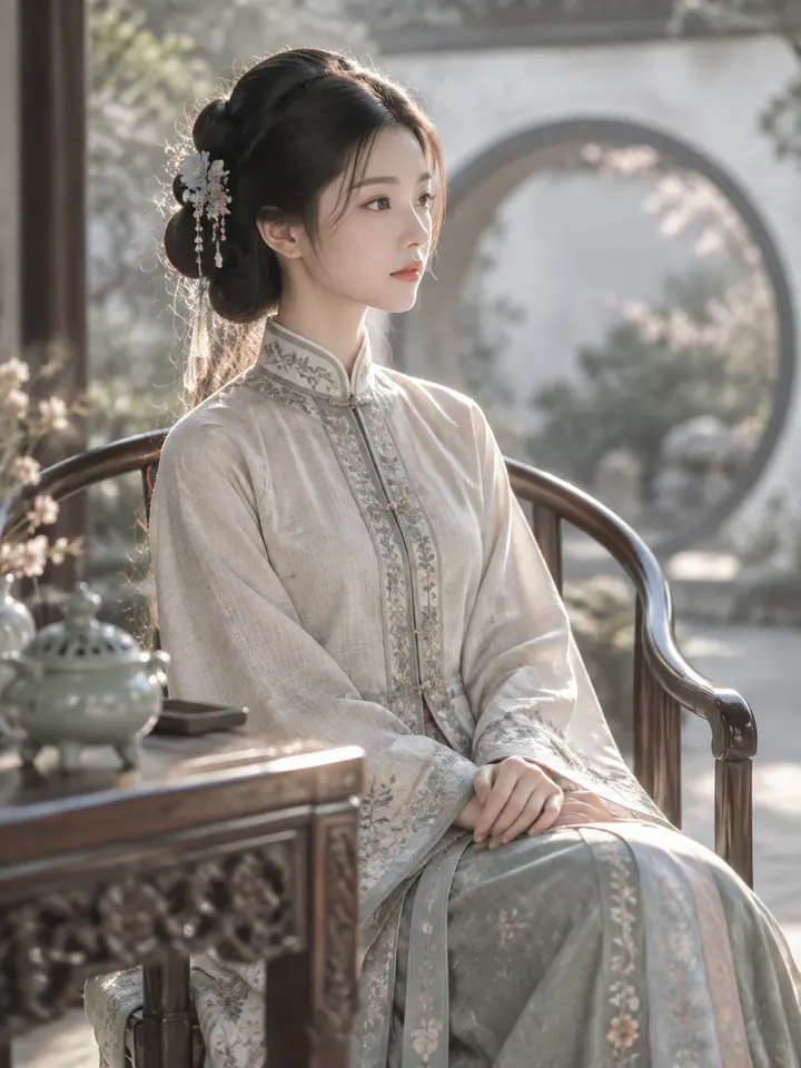 明制端庄少女莫兰迪配色全身远景头像图片生成提示词