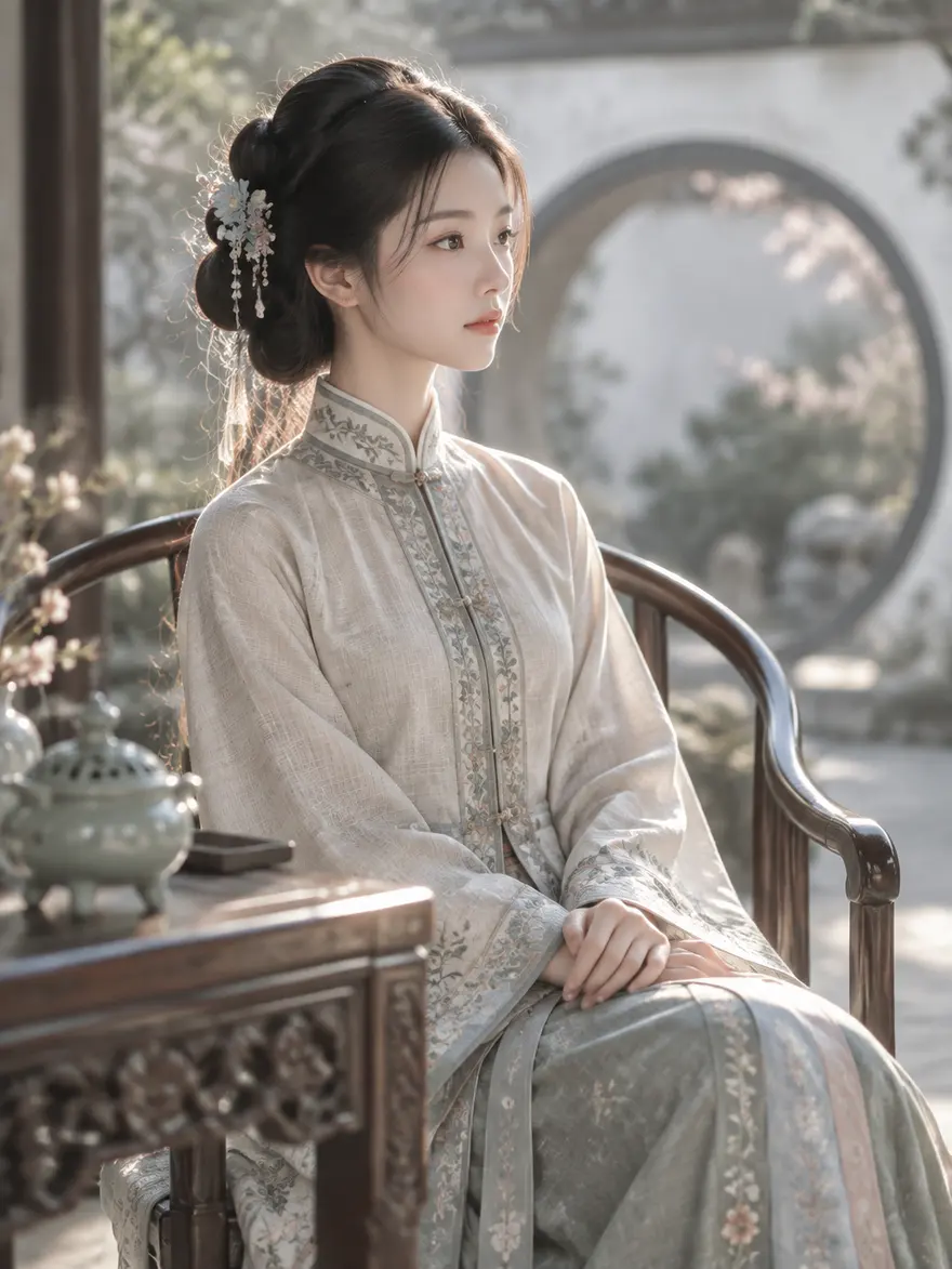 明制端庄少女莫兰迪配色全身远景头像图片生成提示词