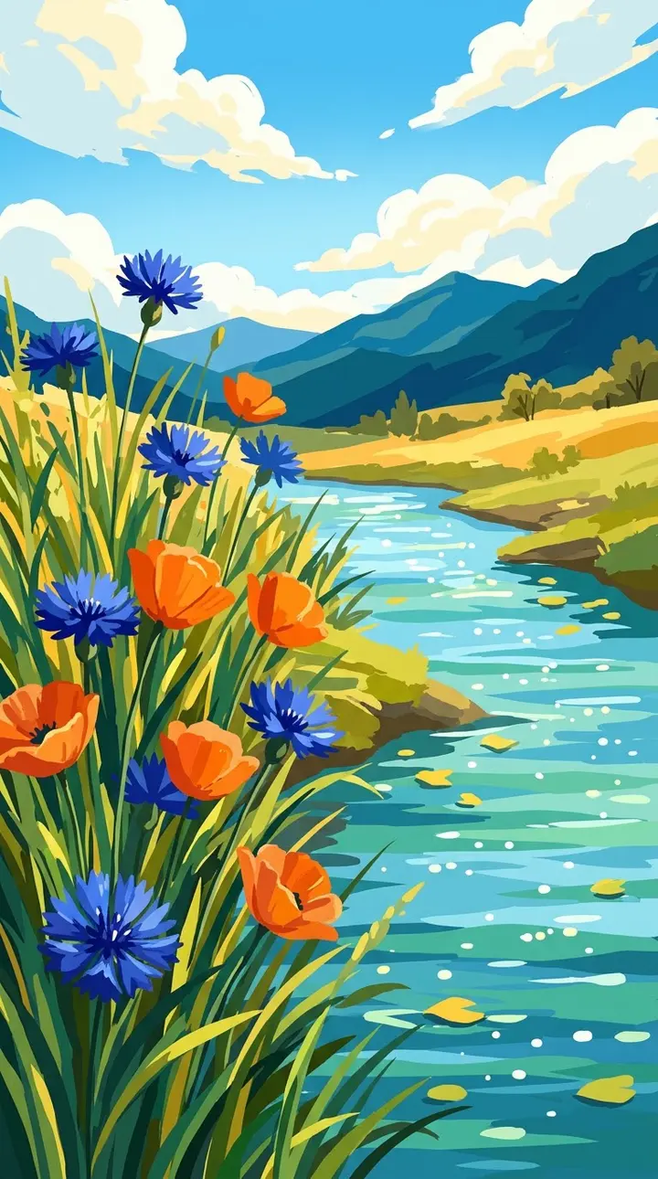 AI绘画半厚涂夏日小河风景提示词，蓝橙高饱和撞色插画