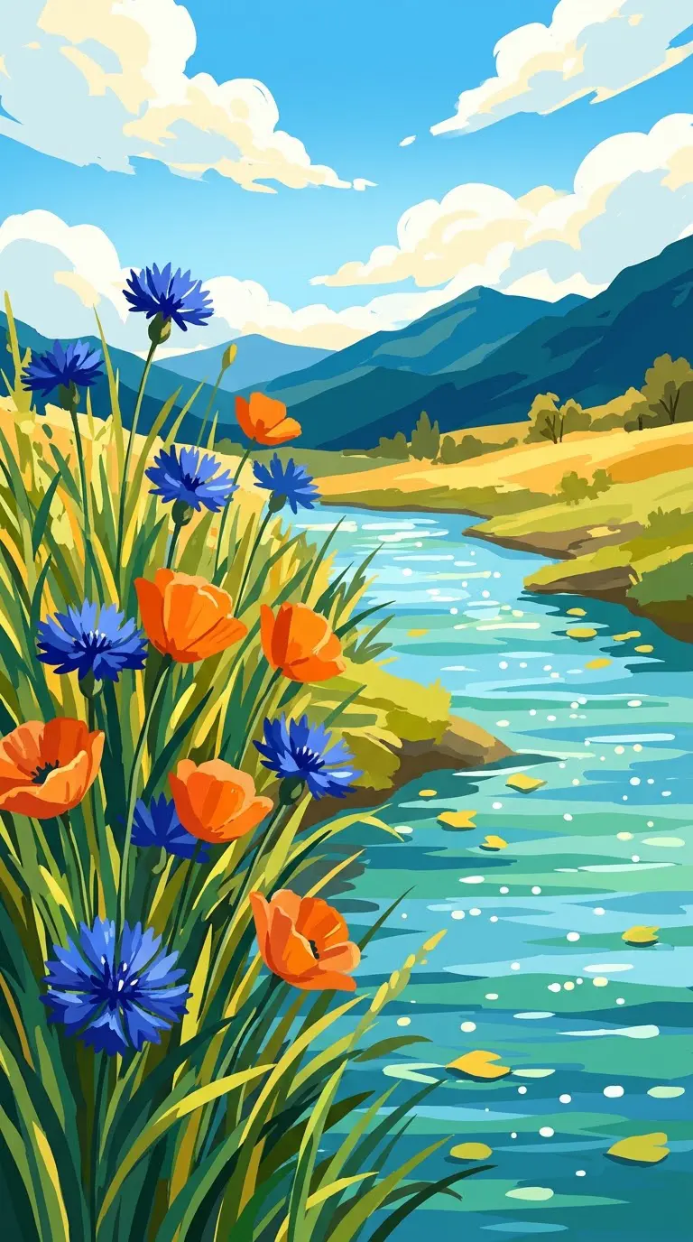 AI绘画半厚涂夏日小河风景提示词，蓝橙高饱和撞色插画
