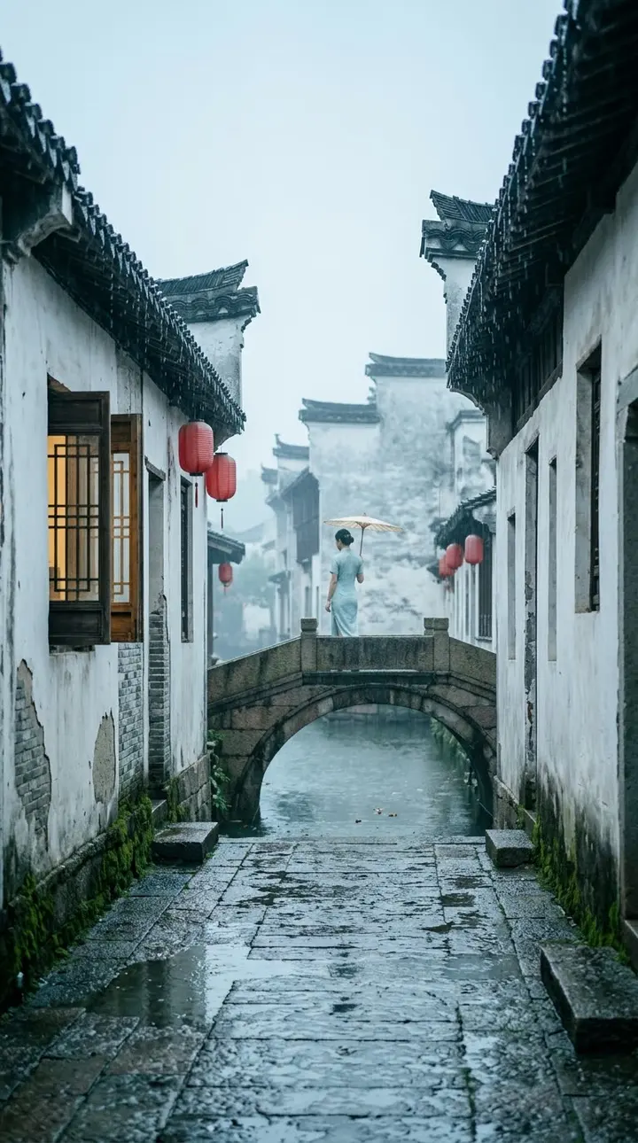 江南水乡雨天小巷 AI 绘画提示词，水墨意境场景生成