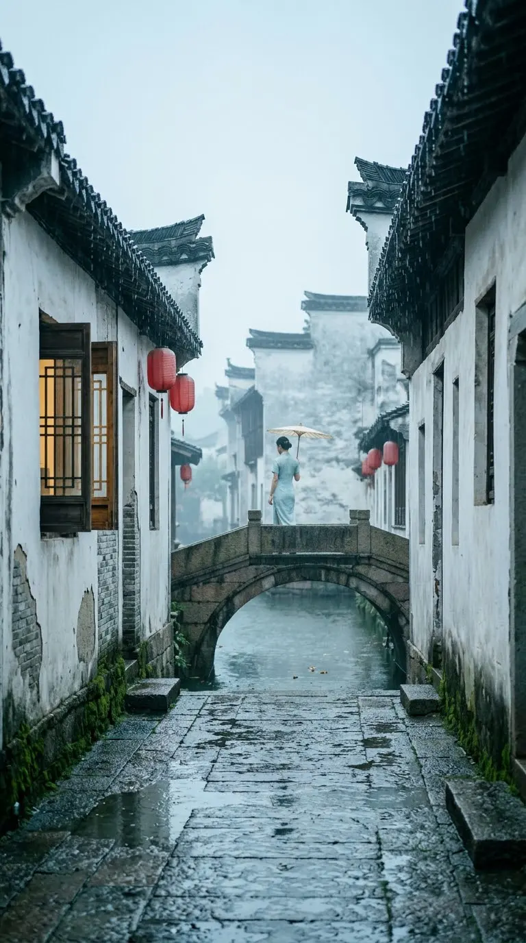 江南水乡雨天小巷 AI 绘画提示词，水墨意境场景生成