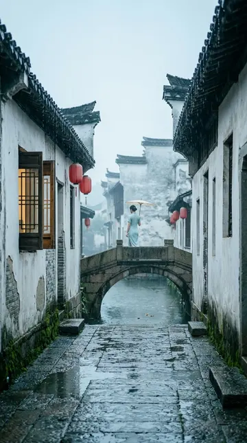 江南水乡雨天小巷 AI 绘画提示词,水墨意境场景生成