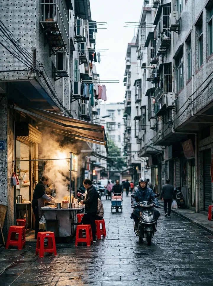 南方老城区清晨6点街景 AI 绘画提示词