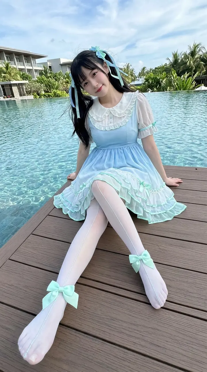 冰蓝Lolita少女无边泳池抓拍AI提示词