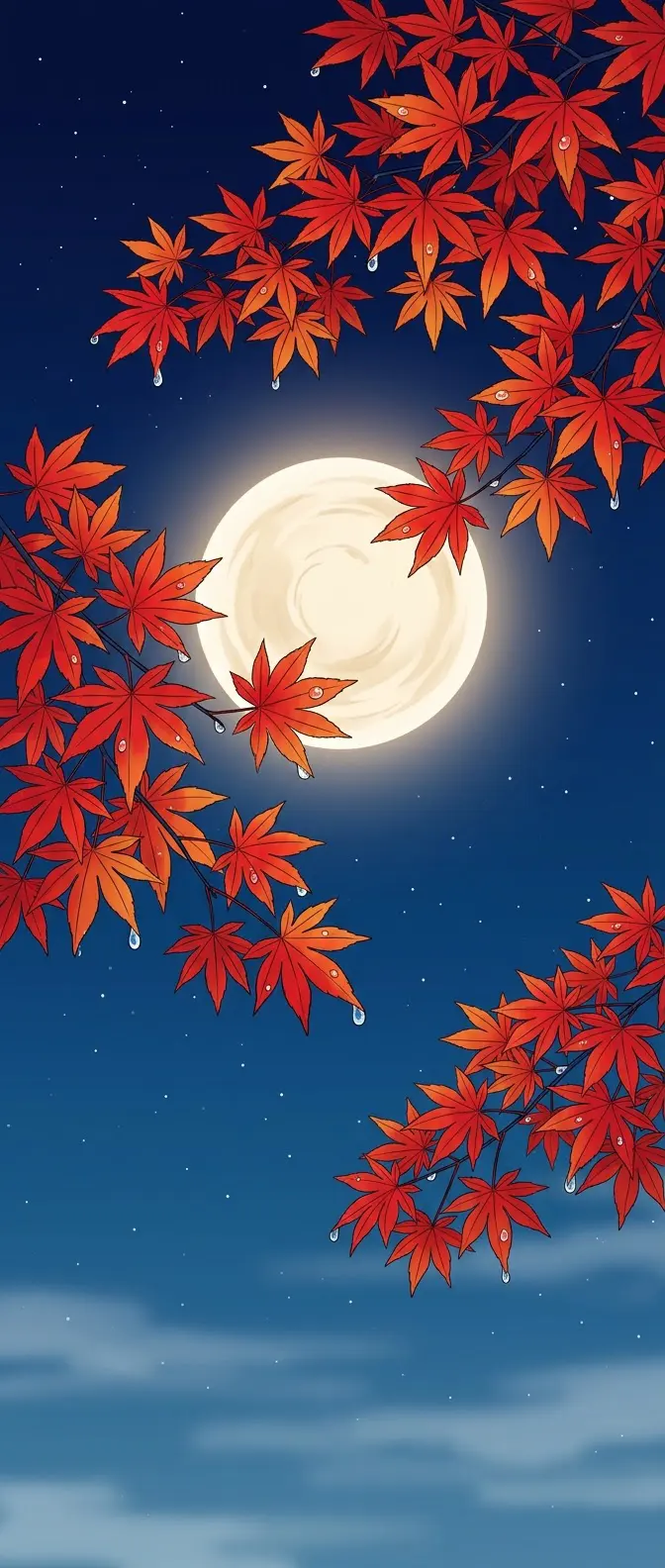 秋夜满月红枫水珠日系动漫插画提示词