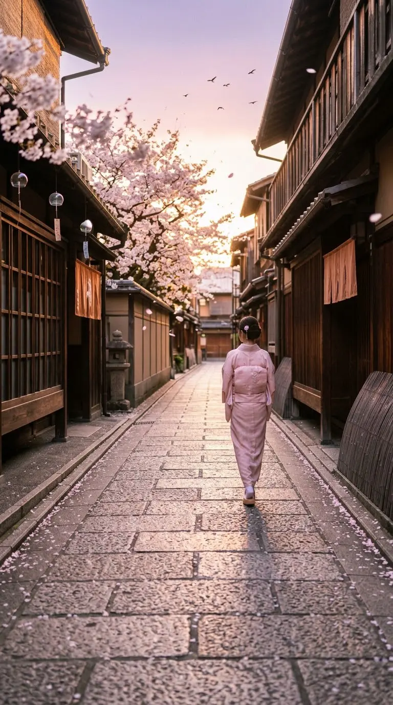 傍晚京都石板小巷和服少女唯美场景 AI 提示词