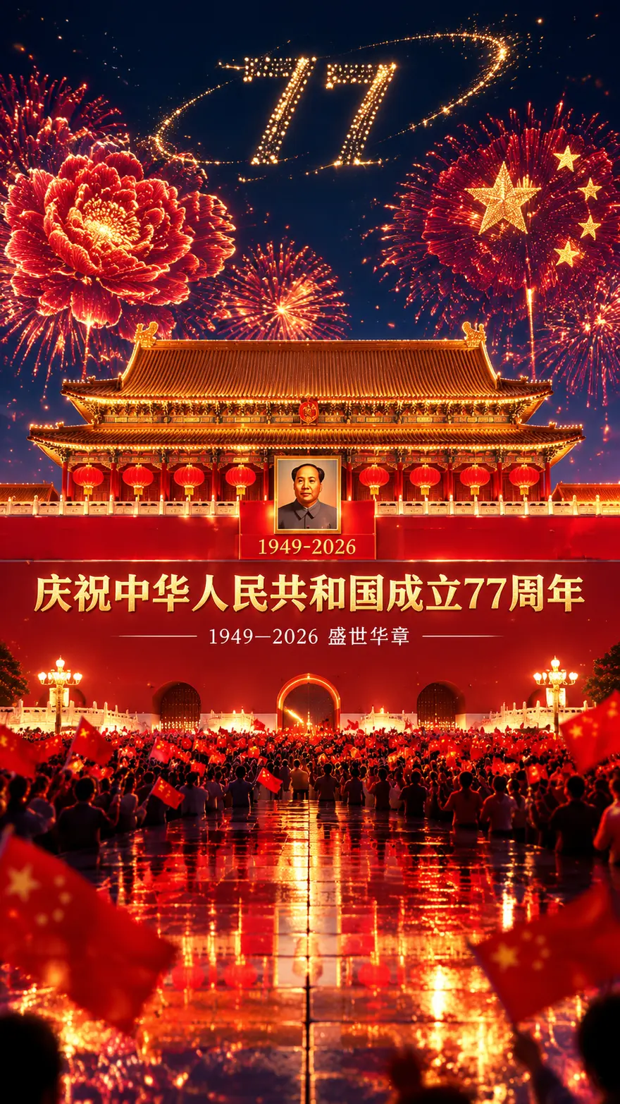 国庆77周年天安门礼花夜3D海报图片生成提示词