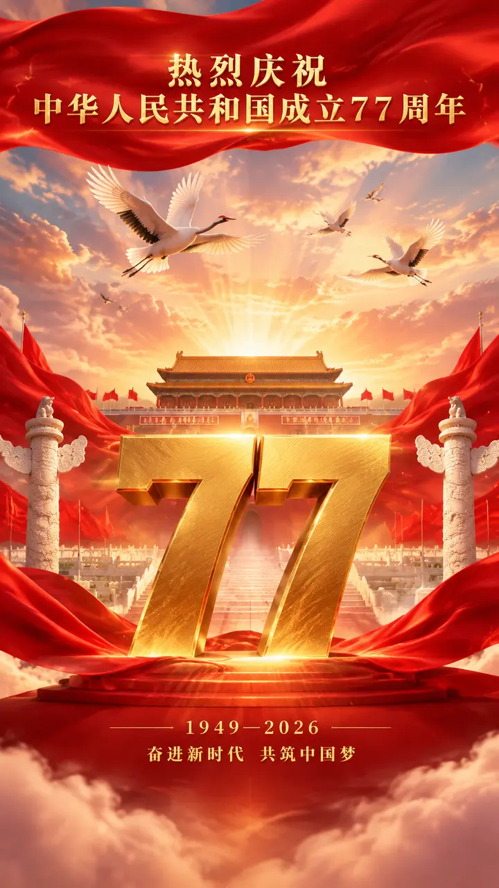 天安门华表瑞鹤77周年国庆海报 AI 图片生成提示词