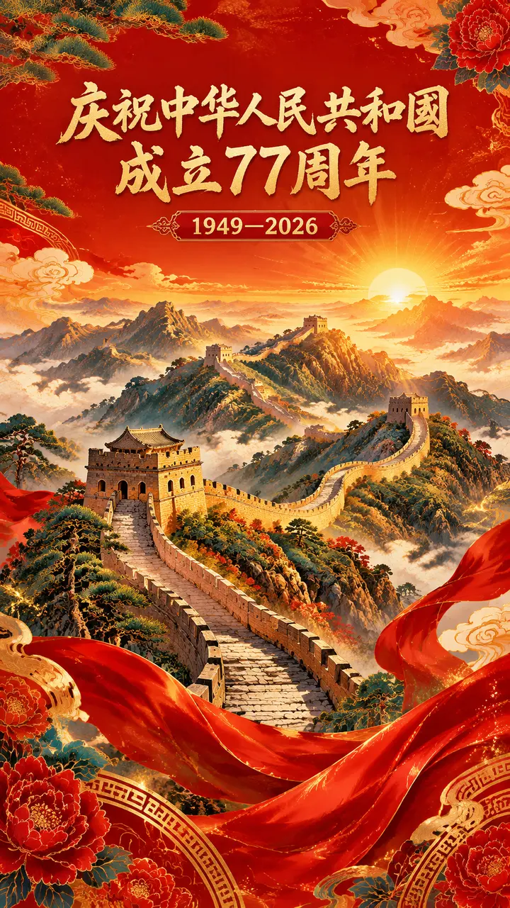 国庆77周年长城旭日国潮插画海报图片生成提示词