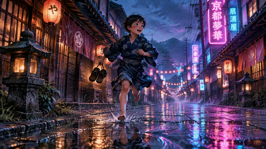 夜幕霓虹灯下日式町屋前孩童追逐（生图提示词）