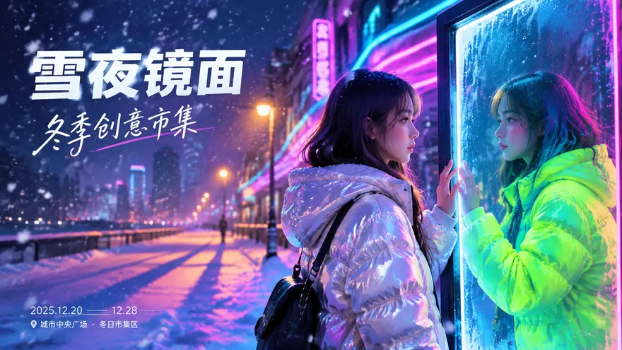 霓虹撞色落雪夜镜中世界活动宣传海报AI提示词