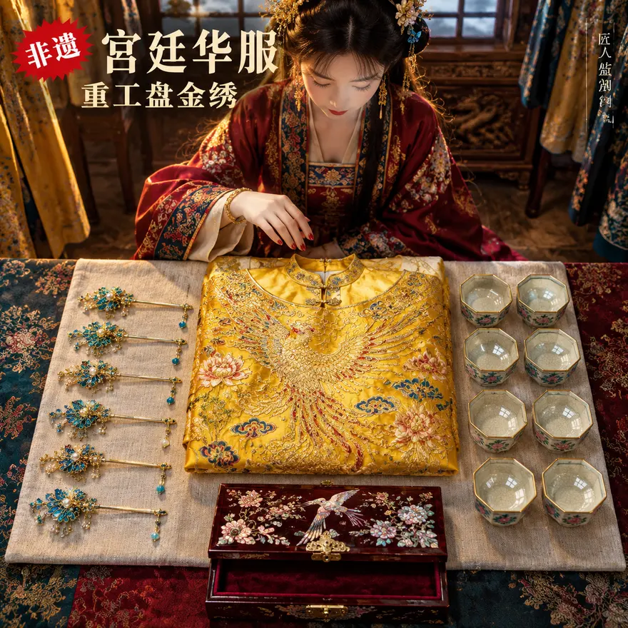 宫廷华服少女与开箱瓷器平铺（AI 图片生成提示词）