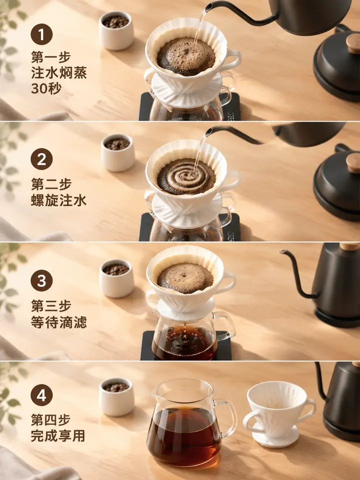 绘画提示词：手冲咖啡焖蒸注水四步拆解图